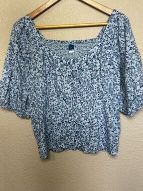 Old Navy Blue Paisley Boho Peasant Blouse Cottagecore Puff Sleeve Smocked Back M